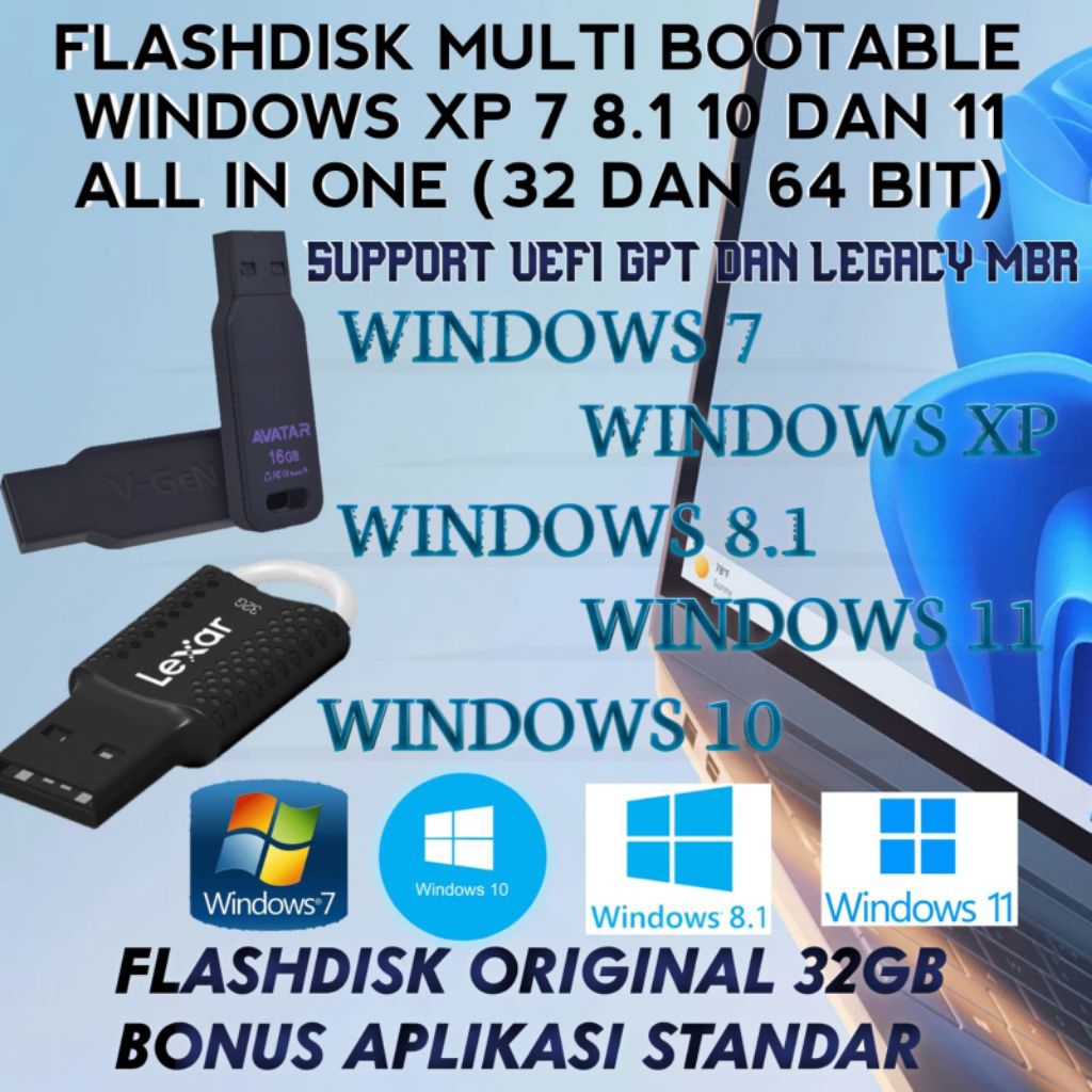 FLASHDISK BOOTABLE | MULTIBOOTABLE WINDOWS XP/7/8.1/10/11 ORIGINAL PLUS DRIVERPACK