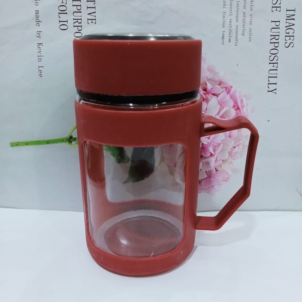 MUG / GELAS KACA GAGANG 500ML TUTUP ANTI TUMPAH TANPA BOX