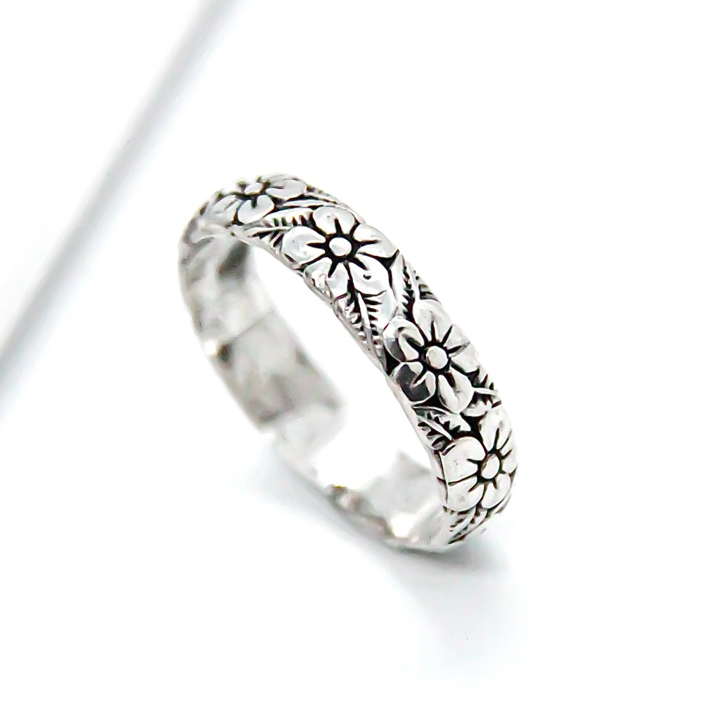 Cincin Perak Asli 925 Pria Wanita Full Ukiran Bunga Ring Silver