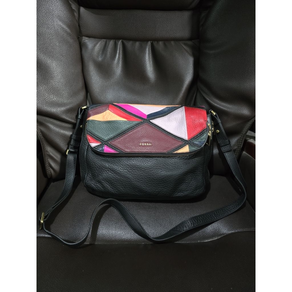 tas fossil preston patchwork large black crossbody preloved