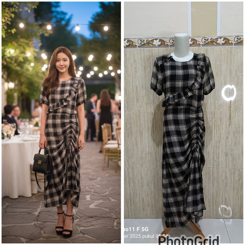 Dress pressbody motif kotak tali serut bawah warna cokelat