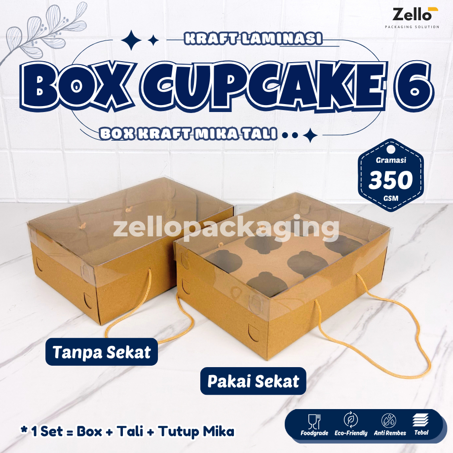 Box Cupcake 6 Kraft Mika Tali Laminasi Kotak Jinjing Makanan Catering Nasi Kue Dessert Hampers