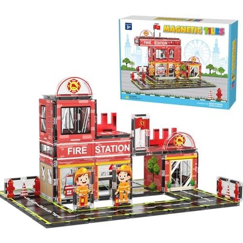 Magnetic Tiles, 50PCS Fire Station Theme Building Blocks Set, Magnet Building Blocks