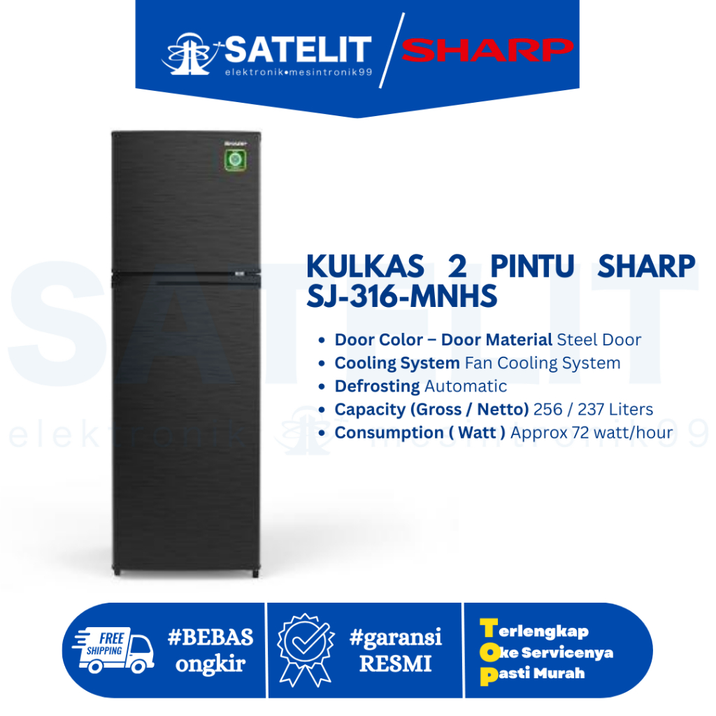 Kulkas 2 Pintu Sharp SJ316MNHS – 316 Liter, Hemat Energi, Freezer Luas & Desain Modern