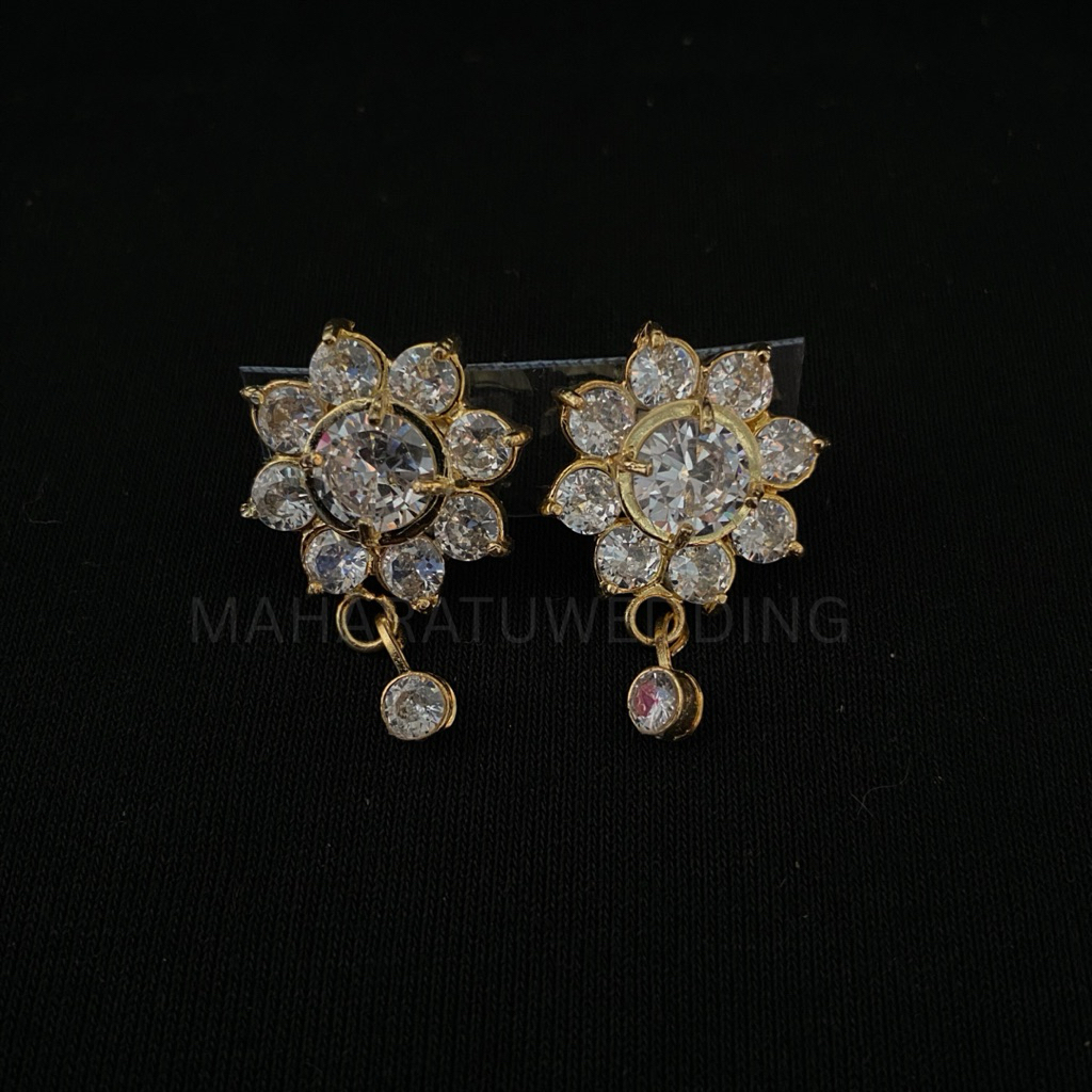 Giwang Bunga Diamond Jepit Warna Gold/Silver/Nikel | Giwang Anting Pengantin V2 Diamond Zircon Ready