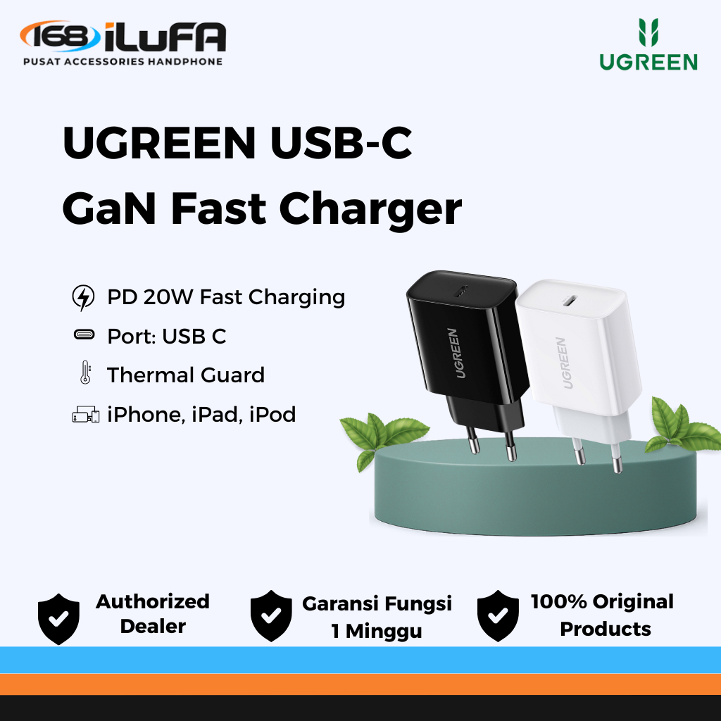UGREEN USB Type C to Lightning GaN Fast Charger - Travel Charger 20W iPhone, iPad, iPod