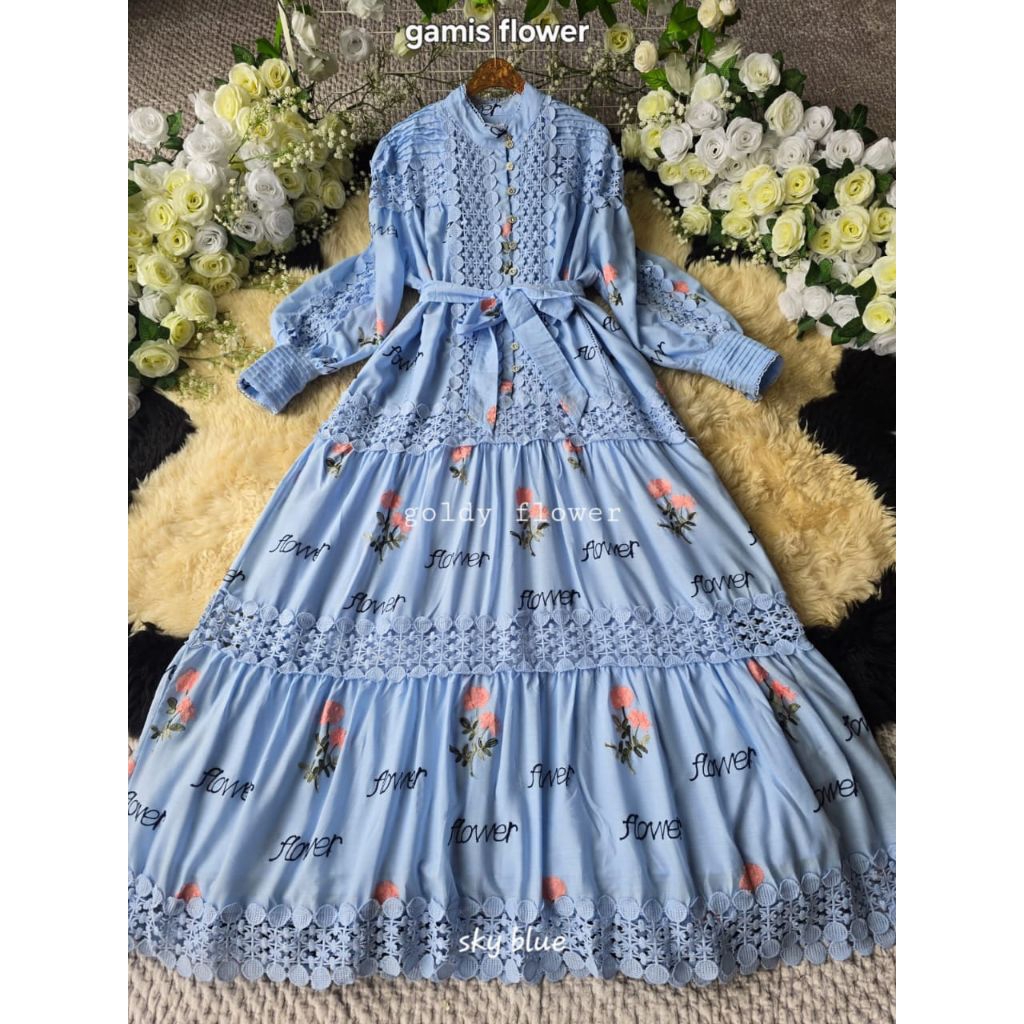 Flower Gamis GoldyGhatbiyya Premium Katun Bordir Timbul Mewah