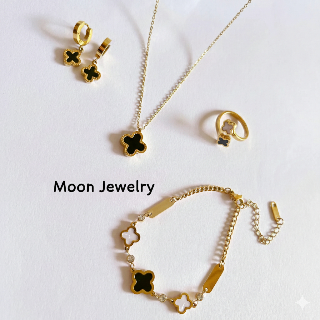 Set Perhiasan Titanium Wanita Bunga Clover Hitam Putih Perhiasan Elegan Anti Karat