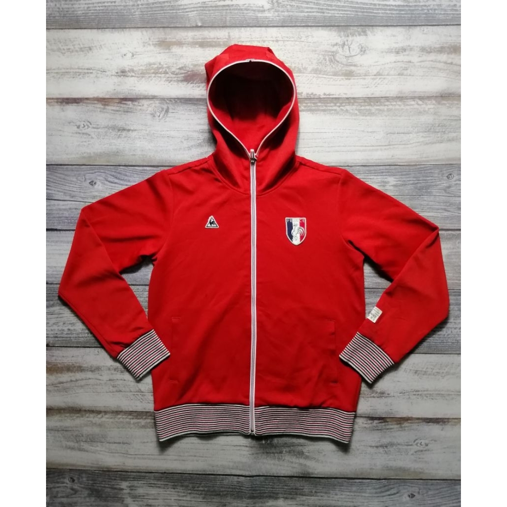 Jaket le Coq Sportif Tracktop full Zipper Hoodie France Motoran Hangout unisex merah branded