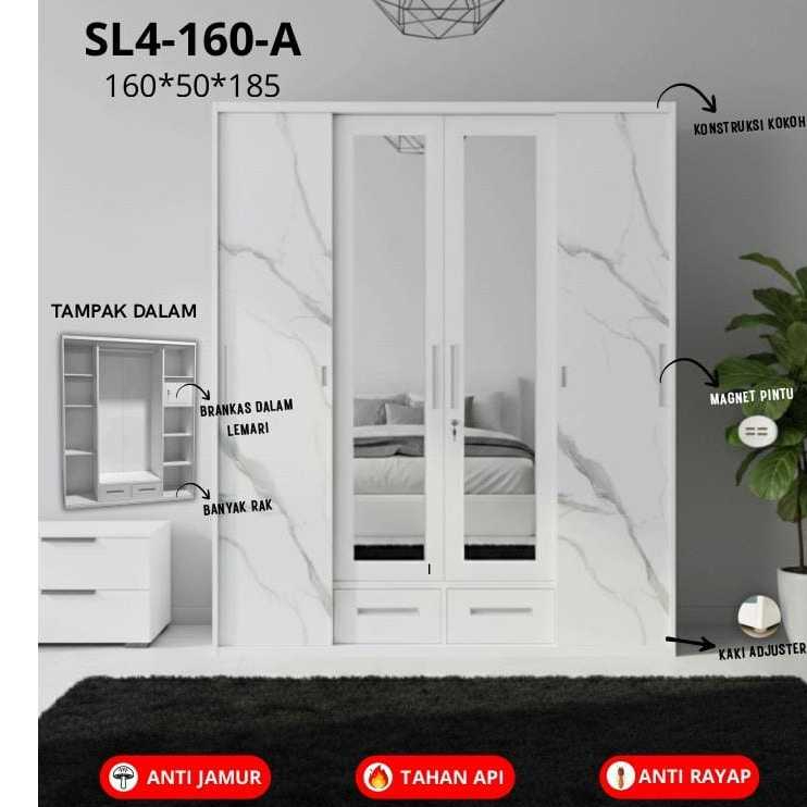LEMARI BESI 4 PINTU SLIDING KOMBINASI AYUN RAK DAN GANTUNG ANTI JAMUR ANTI RAYAP