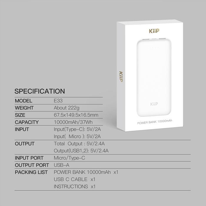 NEW PRODUCT KIIP E33 / E-33 POWER BANK SLIM 10000MAH DUAL INPUT TYPE-C MICRO USB PORT POWERBANK