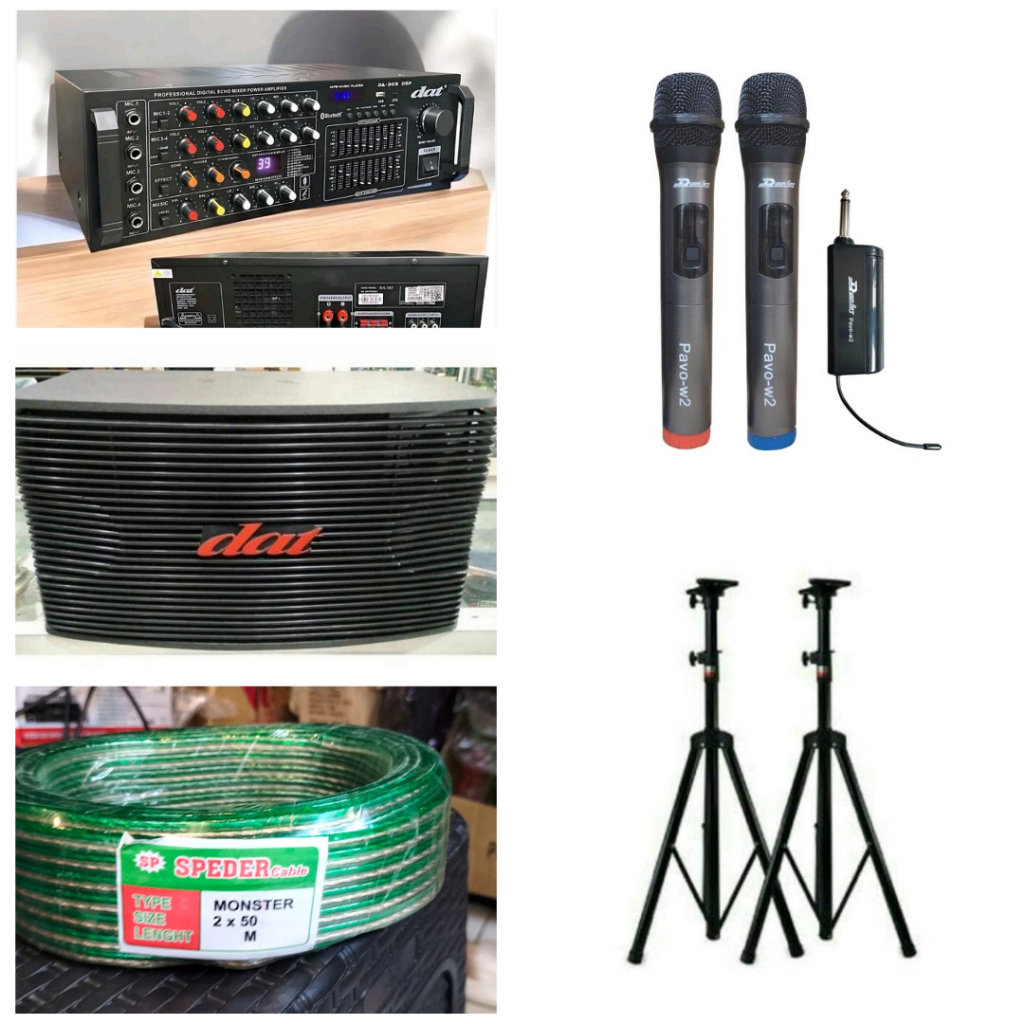 20) paket 1 set amplifier dat, 1 set speaker dat stand speaker 1set, mivc wireless dusenbreg, kabel 