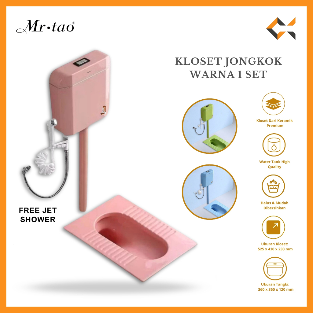 Mr.Tao Closet Jongkok 1 set siap pakai - WC Jongkok Toilet Kamar Mandi plus Water Flush & Shower