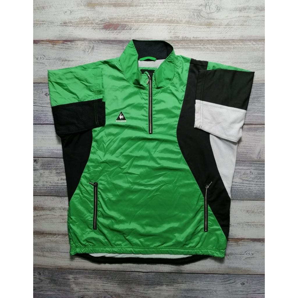 Jaket le Coq Sportif Windbreaker Half Zipper lengan pendek motoran hangout unisex hijau branded
