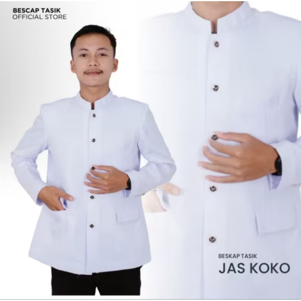 Bescap Jas Koko Pria Putih Polos Saku Tutup  Formal Informal S-XXL