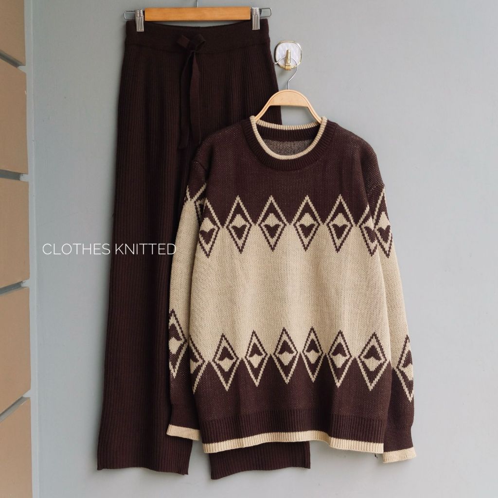Oneset Sweater Rajut Setelan Celana Kulot Rajut Wanita