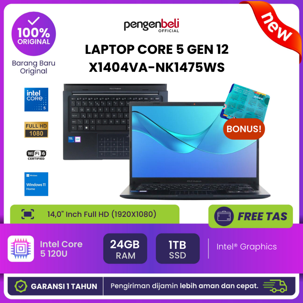 Laptop Kerja & Bisnis Asus Core 5 Hanya 9 Jutaan - Asus VivoBook X1404VA-NK1475WS - Intel Core 5 120