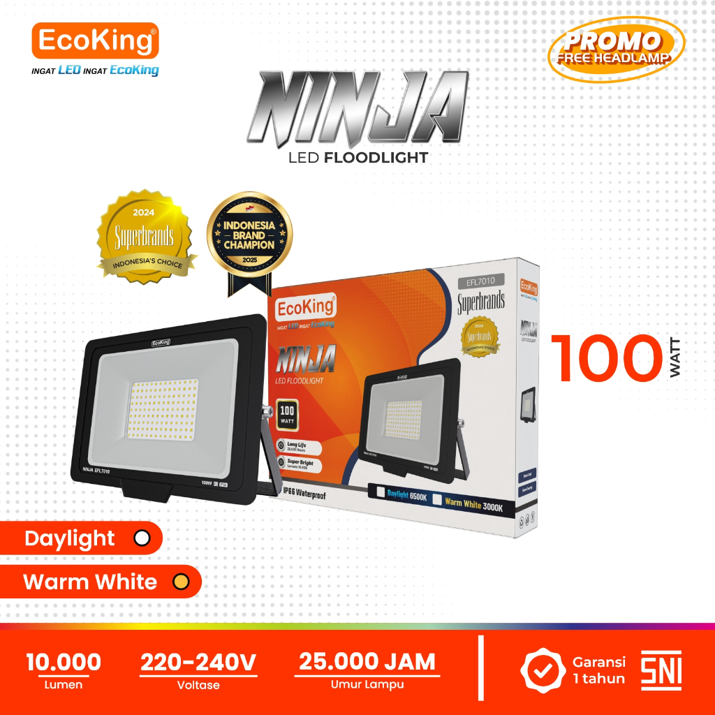 EcoKing Lampu Sorot LED Flood Light Ninja 100W Cahaya Putih/Kuning (NINJA-EFL7010)
