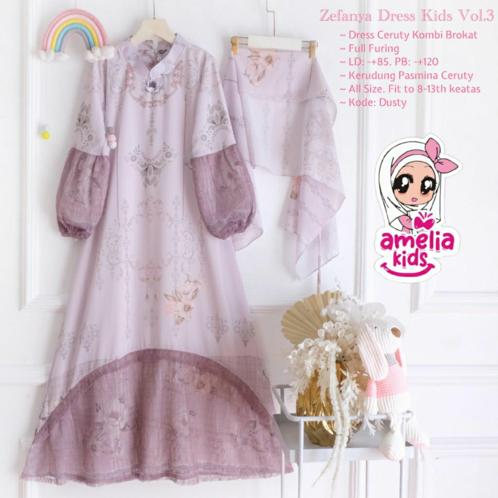 (Free+Hijab) Zefanya dress anak remaja usia 8-13 tahun gamis ceruty mix brokat