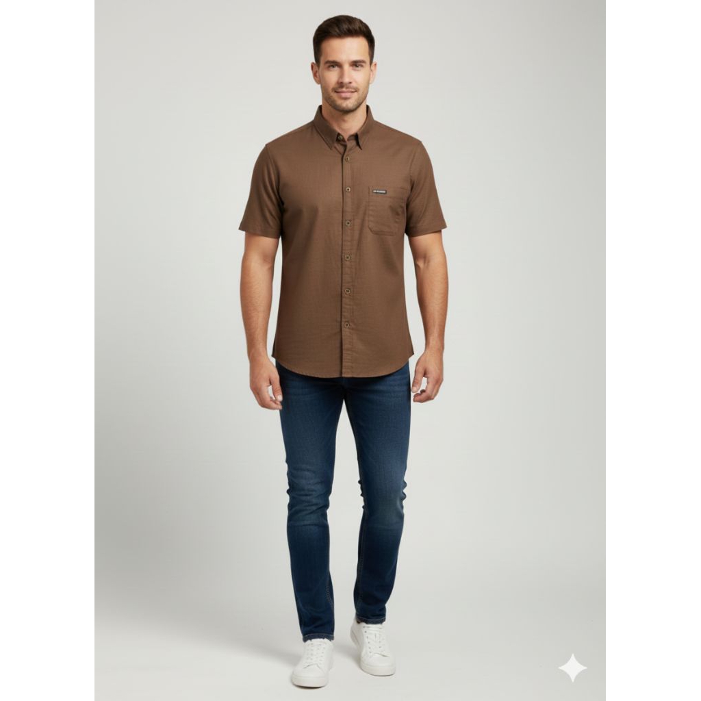 kemeja polos pria dewasa lengan pendek warna coklat mahogany kain katun cigaret premium casual slim 
