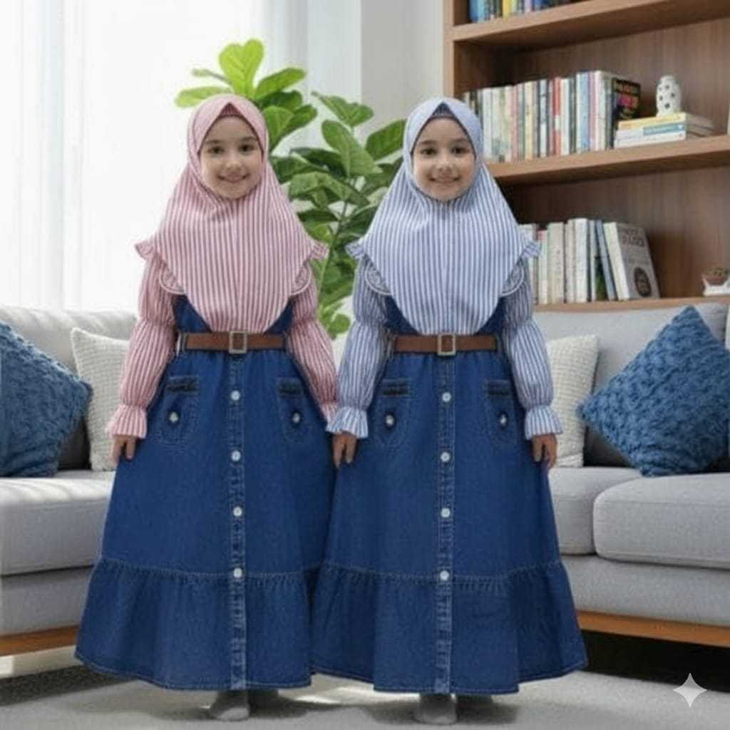 Baju Gamis Anak  Motif Salur Mix Jeans Anak Perempuan Free Belt +Hiajab Gamis Anak Usia 3-10 Tahun B
