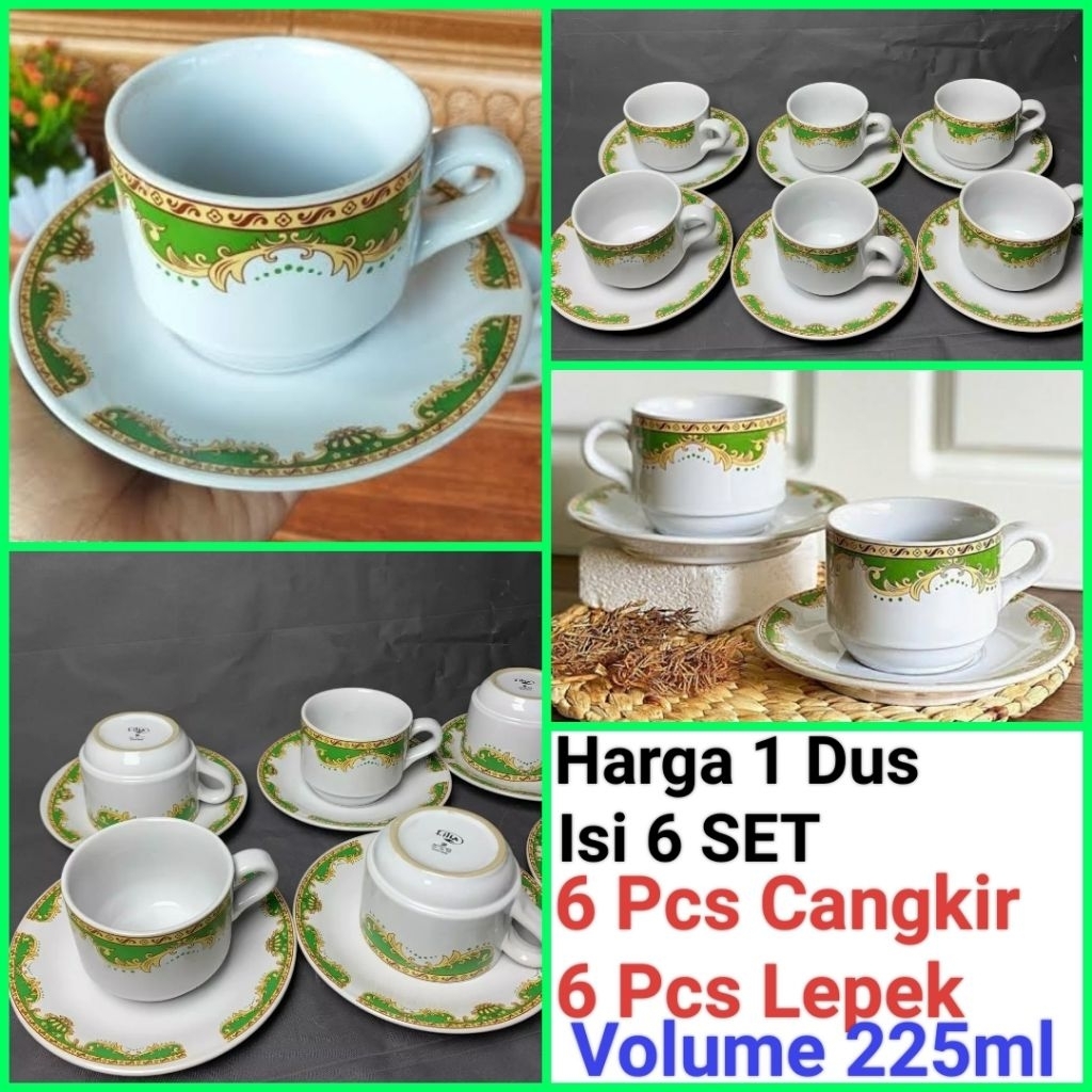 cangkir kopi cangkir set keramik gelas kopi keramik MAHKOTA HIJAU harga satu dus (Isi 6 set)