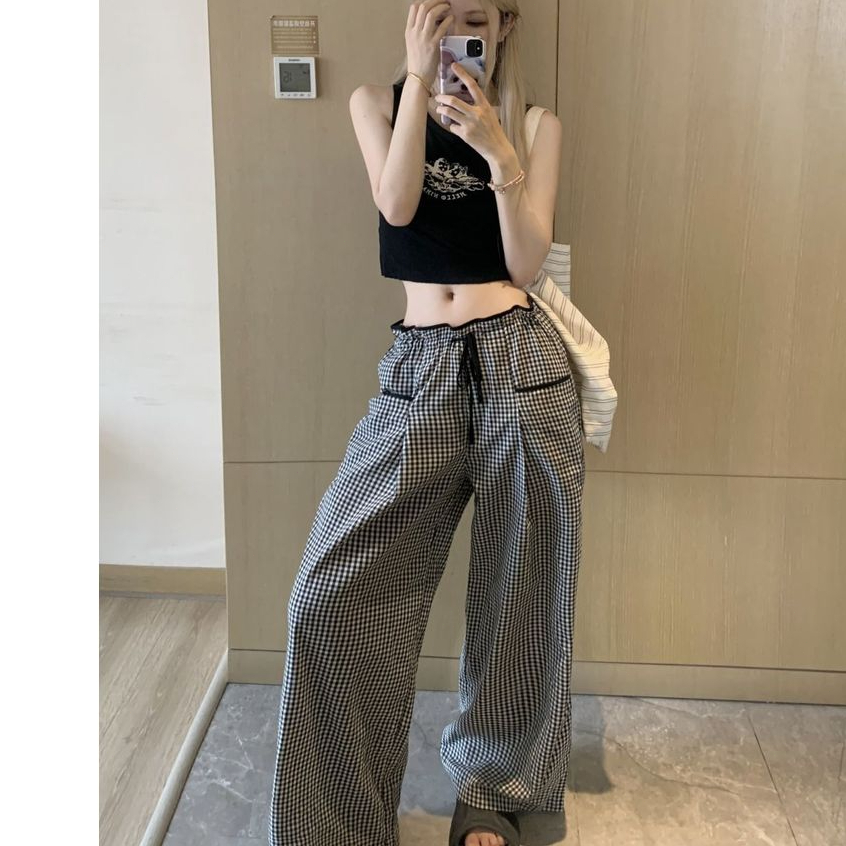 Wanita Kotak-kotak Vintage - Celana Kaki Lebar Tirai Kotak-kotak Hitam Baru