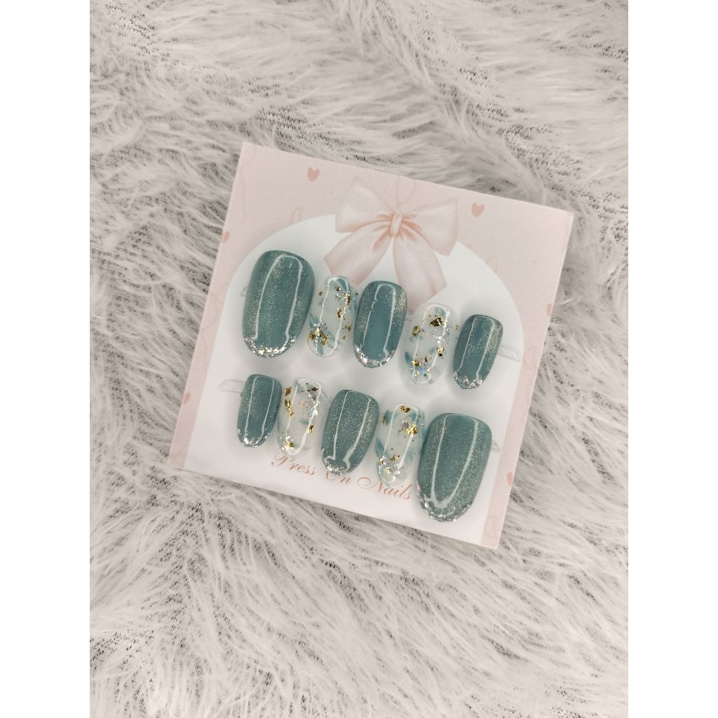 PROMO DISKON Press on nails / kuku palsu size M teal blue marble cat eye - short oval