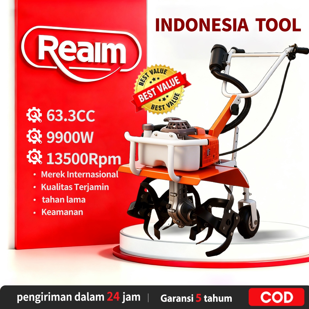 Reaim Mini Power Cultivator Tiller 52CC 2-Stroke Engine Rotary Mini Tiller Power Tiller Cultivator E