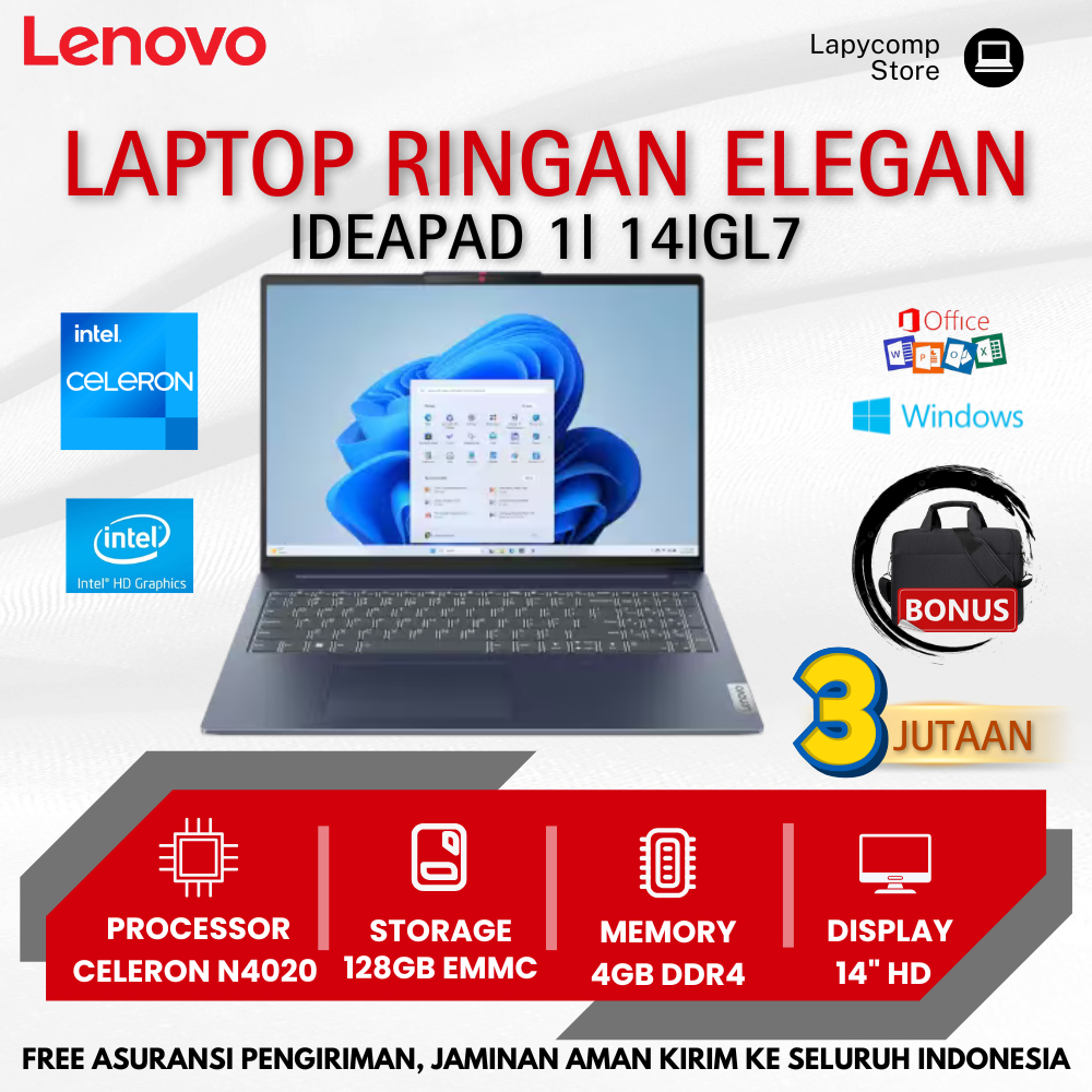 Laptop 3Jutaan Baru Lenovo 14IGL7 Intel N4020 RAM 4GB 128Gb Emmc Layar 14" Win11 Cocok Untuk Pelajar