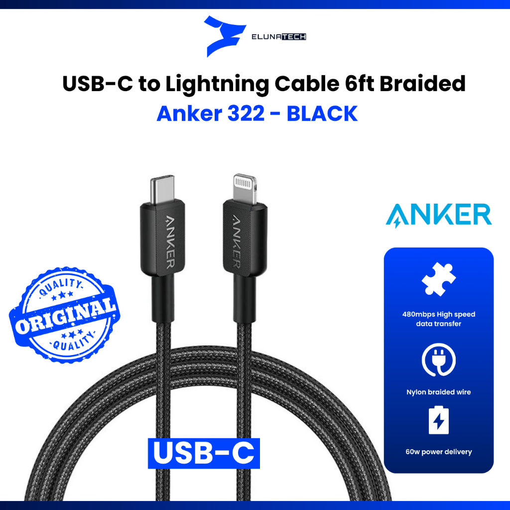 ANKER KABEL 322 FAST CHARGING 60W USB C TO LIGHTNING (6FT) MFi iPhone 14 13 12 IPAD AIRPODS PRODUCT 