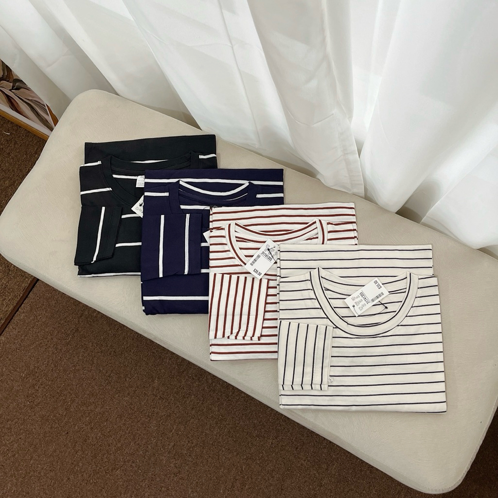 dwistuff Basic Tee Kaos Panjang Polos Stripe katun rib wafer rajut