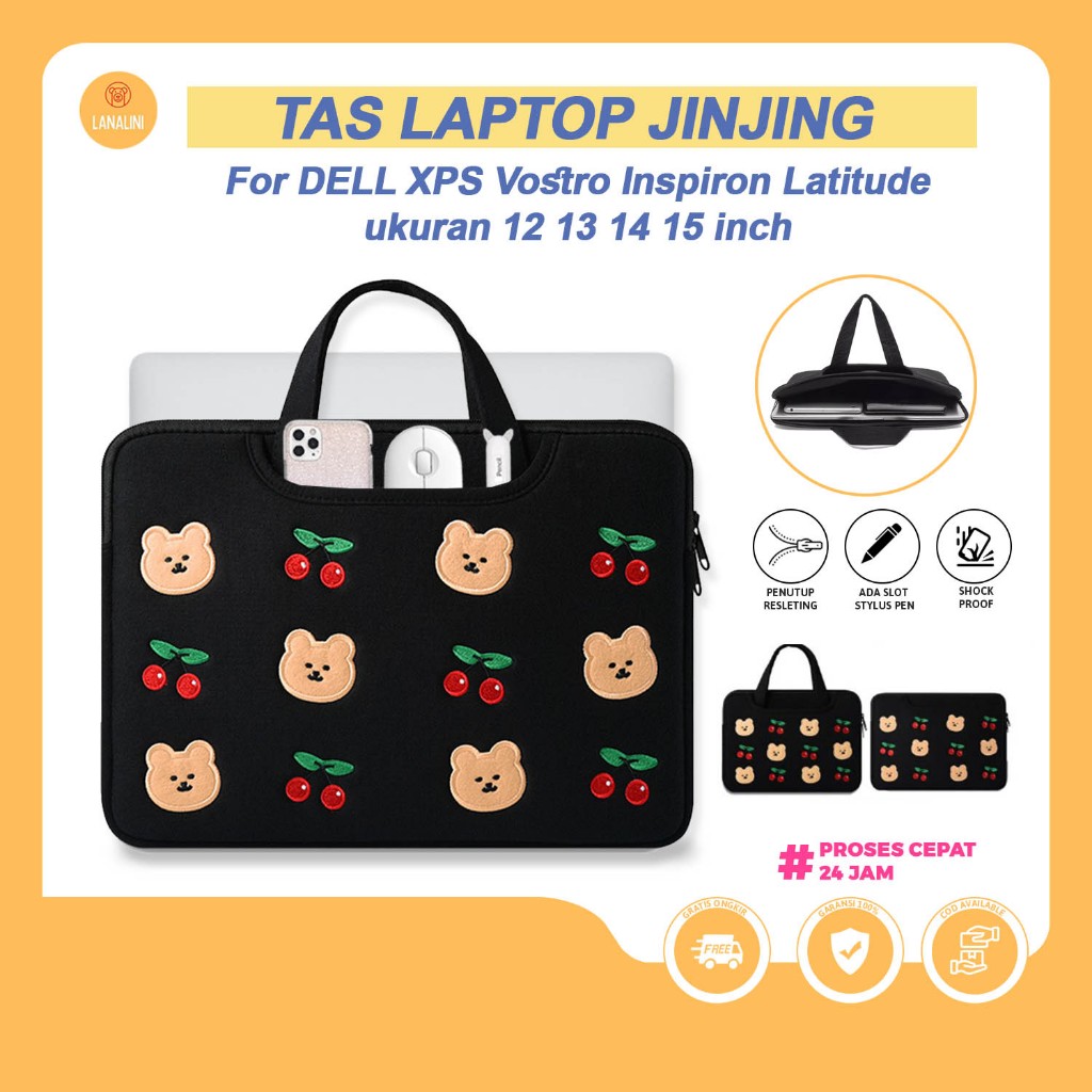 Tas Laptop Motif Bear Cherry Black Sarung Computer Cover Dell XPS Inspiron Latitude 13 14 15 15.6 in