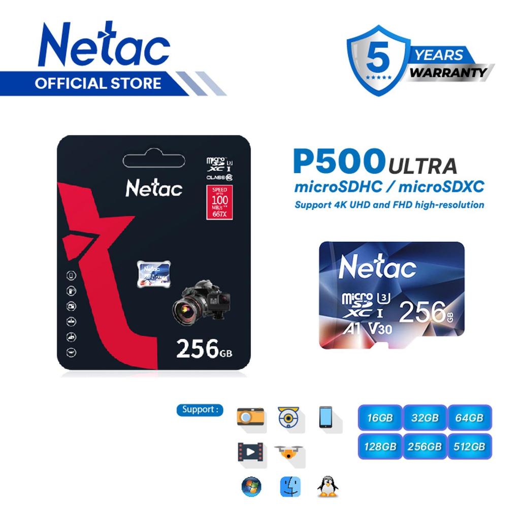 Netac MicroSDXC P500 Ultra 256GB MicroSD Card V30/A1/U3 Class 10 up to 100MB/s Retail Pack Card
