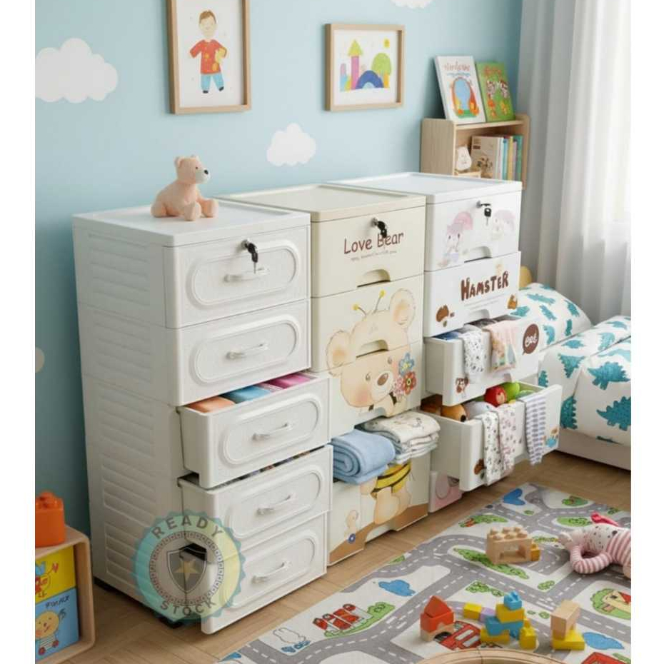 Lemari Plastik Susun Karakter Bear 4 Dan 5 Tingkat Tempat Penyimpanan Laci Multifungsi Lemari Pakaia