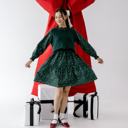 ULTRAVIOLET Yui Mix Knit Dress 383 Green x Grn Wht Frl - Baju Terusan Wanita Korean Style Natal Gere