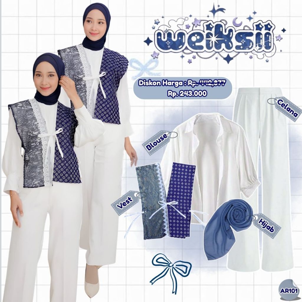 Set Outfit Kondangan Batik Kekinian ( Vest Kombinasi+Blouse+Celana+Hijab ) Ootd Wanita Hijab - AR101