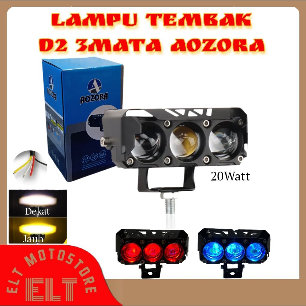Lampu Tembak 3 mata Aozora plus Devil eye waterproof Universal Cahaya putih kuning