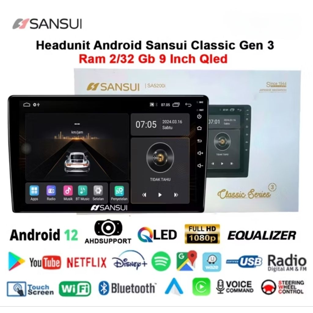 Head Unit Sansui 9" Classic Gen 3 Ram 2/32gb Qled