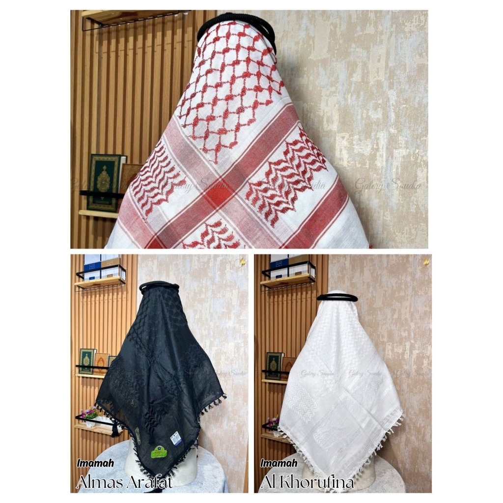 Sorban Almas arabia rumal merah, Almas arafat hitam, Alkhorufina putih