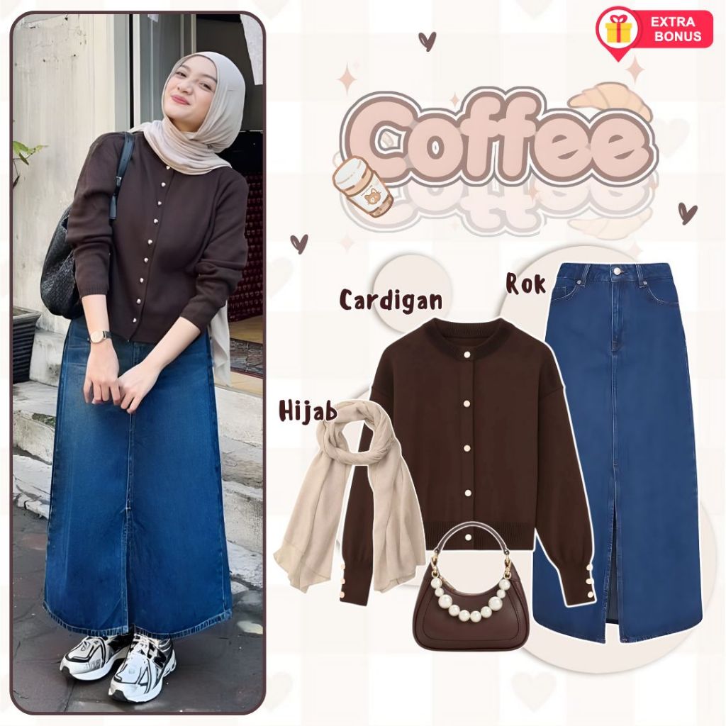 oneset 3in1 cardigan + rok jeans + hijab pasmina ceruty babbydoll |  ootd outfit cewek wanita anak p
