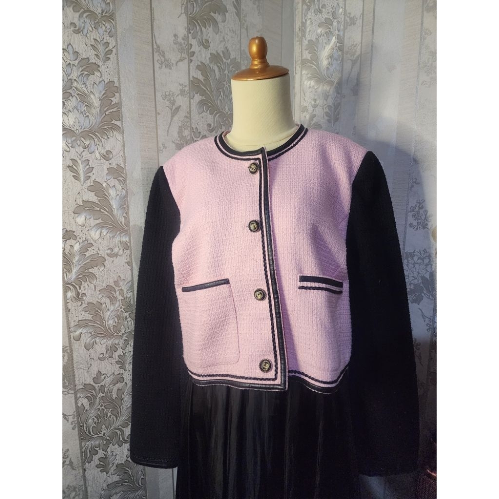 Blazer Crop Tweed Two Tone Black Hitam Pink