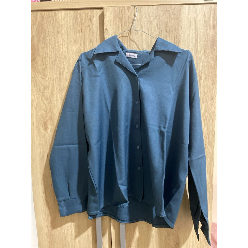Kemeja kerja wanita lengan panjang warna teal blue