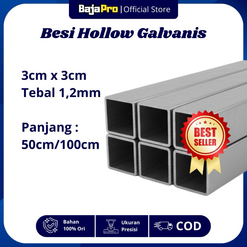 Hollo Galvanis 3cm x 3cm Tebal 1,2mm – Panjang 50cm / 100cm – Besi Hollow Galvanis Per Potong