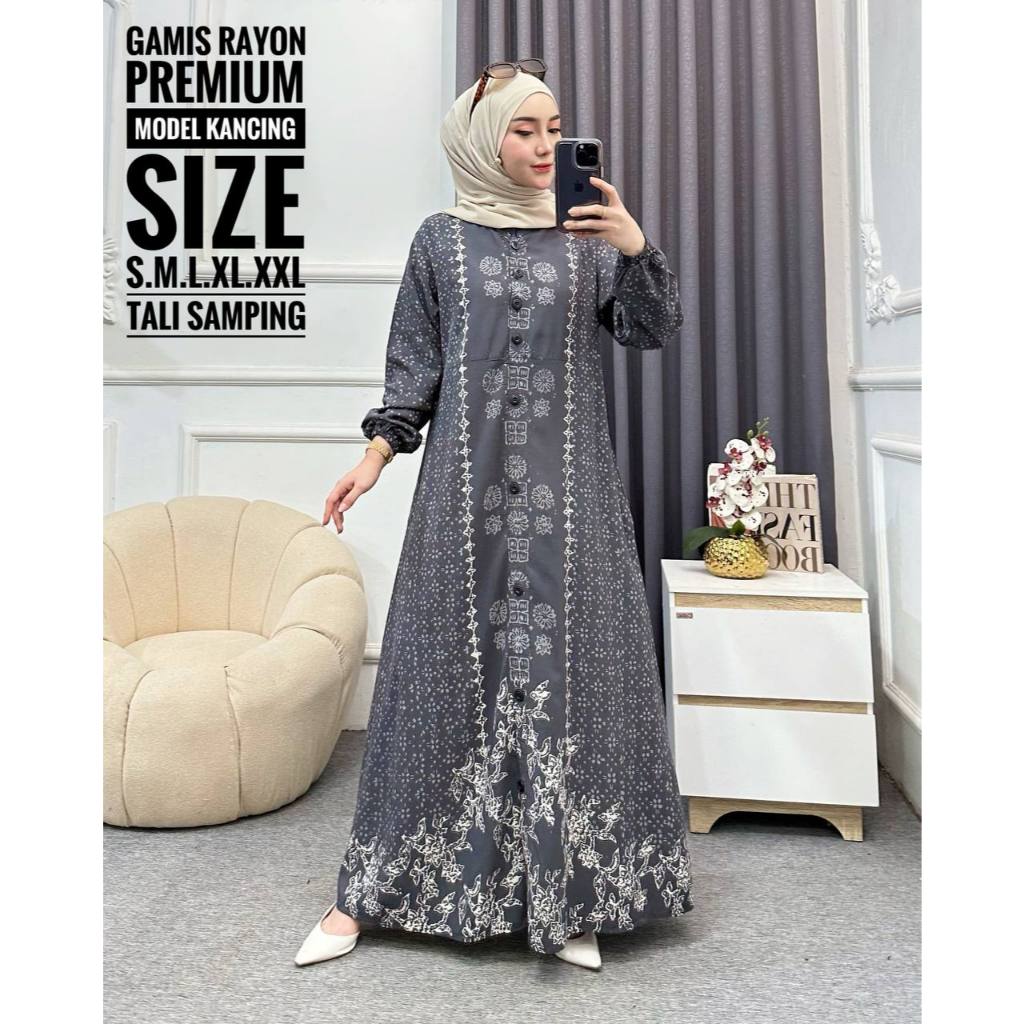 Gamis Twill Rayon Premium Model Kancing Batik Cap Kekinian Gamis Syari Jumbo Busui - Motif Mustika