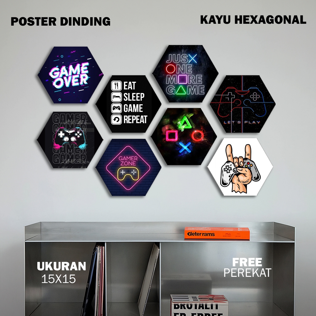 Hiasan dinding hexagional gaming 1 SET 8 PCS - Poster gaming - hiasan kamar - Poster kayu