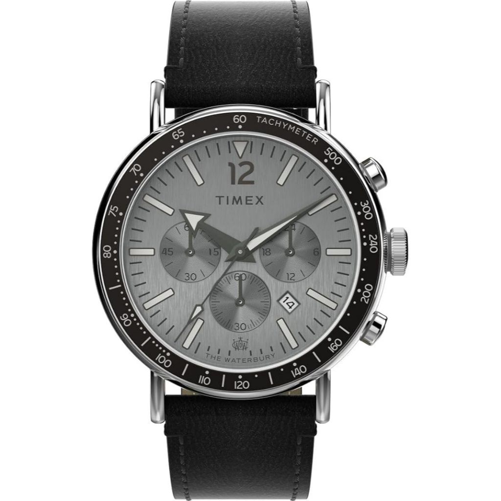Jam Tangan Pria Timex The Waterbury Chronograph Grey Dial Black Leather Strap TW2W47400V5 Original