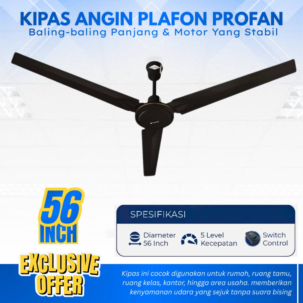 KIPAS ANGIN PLAFON GANTUNG PROFAN 56 INCH WARNA HITAM KIPAS ANGIN PLAFON BALING BESI 56 INCH CEILING