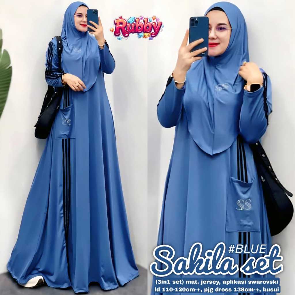 Sakila Set Gamis+Hijab  Original Rubby Matterial Jersey Sakila Rubby OneSet Gamis+Jilbab | Ld 110-12