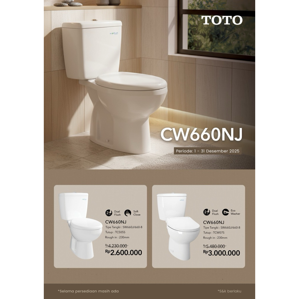 TOTO CLOSET DUDUK CW 660 NJ / CW660NJ / SW660J / SW 660 J ( COMPLITE SET )